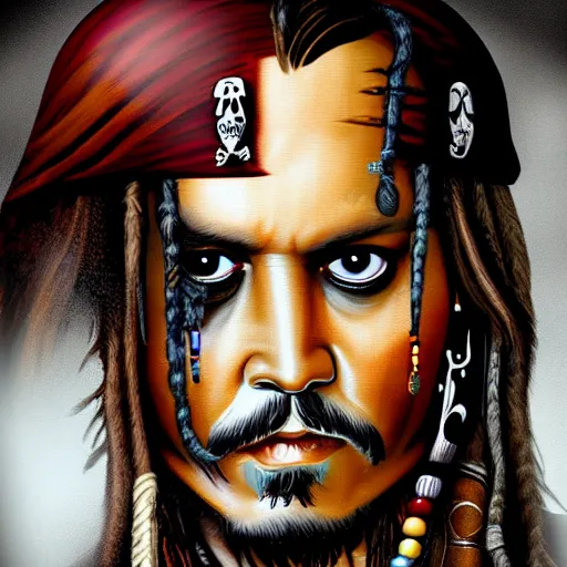 Image similar to portrait of johnny depp as captain jack sparrow, highly detailed, centered, solid color background, digital painting