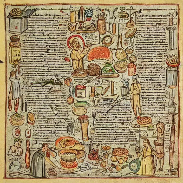 Prompt: ( ( ( ( illustrated recipe for an hamburger ) ) ) ) lot of medieval enluminures in the background explaining the recipe, found schematic in a notebook