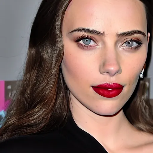 Image similar to a woman who is a genetic combination of kim kardashian and kat dennings and scarlett johansson and margot robbie and emma watson, face and upper - body focus, detailed eyes