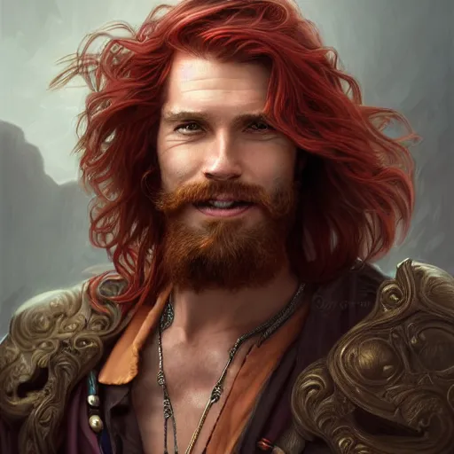 Image similar to portrait of a young ruggedly handsome but joyful pirate, male, masculine, muscular, upper body, red crimson crimson hair, long long flowing hair, fantasy, smug smirk, intricate, elegant, highly detailed, digital painting, artstation, concept art, matte, sharp focus, illustration, art by artgerm and greg rutkowski and alphonse mucha