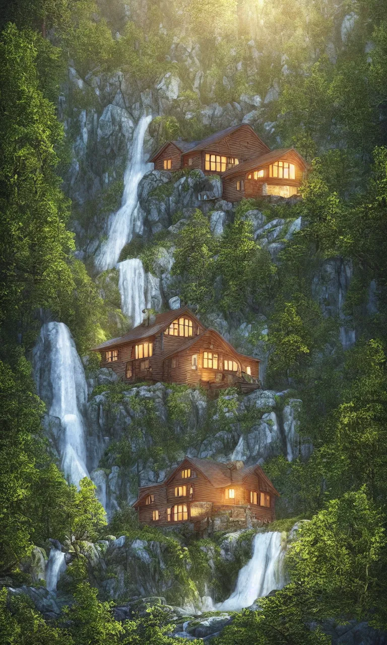 Prompt: beautiful large scandinavian house in the forest on a hill, a large waterfall flows down from the mountain in the background, vector art, fabulous, random cinematic view, no noise, global illumination, warm lighting, volumetric, by jordan grimmer