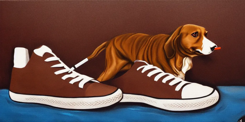 Image similar to smoking brown dog with sneakers, as a matte oil painting