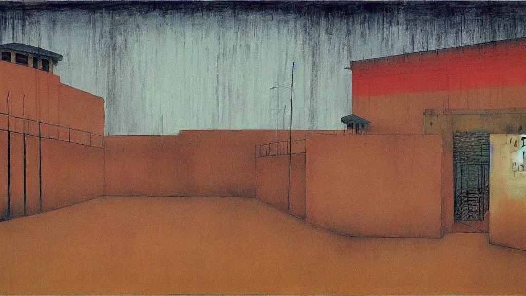 Image similar to a chinese prison near a river by peter doig, muted colors