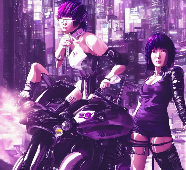 Prompt: motoko kusanagi riding a cyberpunk vehicle in a grungy cyberpunk megacity, bosozoku gang war, cyberpunk vaporwave, artgerm, sola digital arts, anti aliasing, raytracing