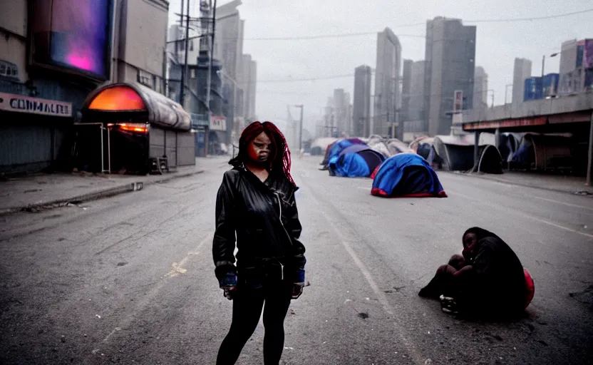 Image similar to Cinestill 50d candid photography of a city on fire, extreme wide shot of a poor techwear mixed woman wearing thick mascara and makeup crying outside of a futuristic city on fire, cyberpunk, tattoos, homeless tents on the side of the road, extreme long shot, desaturated, full shot, blurry, 4k, 8k, hd, full color