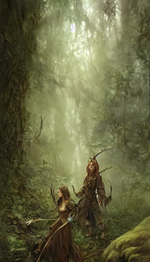 Image similar to Realistic painting of a high fantasy wood elf wizard in a magical forest clearing by Jean Baptiste Monge, Brian Froud, John Howe, Artgerm, Craig Mullins, trending on artstation volumetric lighting, dramatic lighting