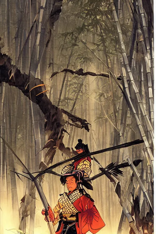 Prompt: samurai general in dark japanese bamboo forest with light shafts, by travis charest, jesper ejsing