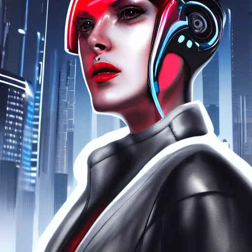 Image similar to realistic digital artwork of cyberpunk female wearing thick leather and steel collar, 4K, red highlights, symetrical,