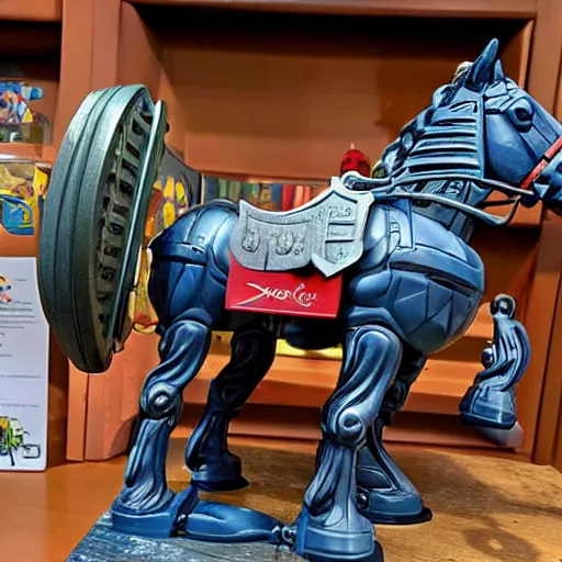 Prompt: full - color photo of a transformers toy that is a roman soldier which transforms into a horse - drawn chariot, displayed on a shelf in a toy store.