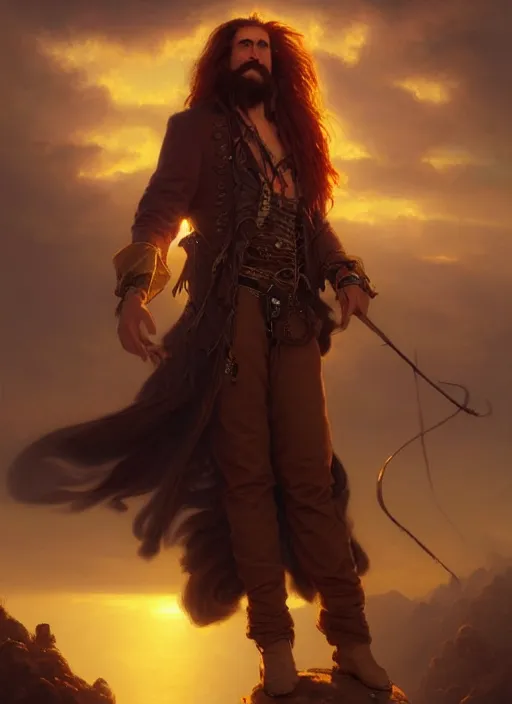 Image similar to portrait painting of a handsome rugged long hair crimson hair male pirate, soft hair steampunk zeppelin in the sky sunset golden hour art by raphael lacoste and stephan martiniere greg rutkowski gaston bussiere fantasy soft hair trending on artstation deviantart book cover art concept art key art dramatic volumetric lighting, 4 k, award winning