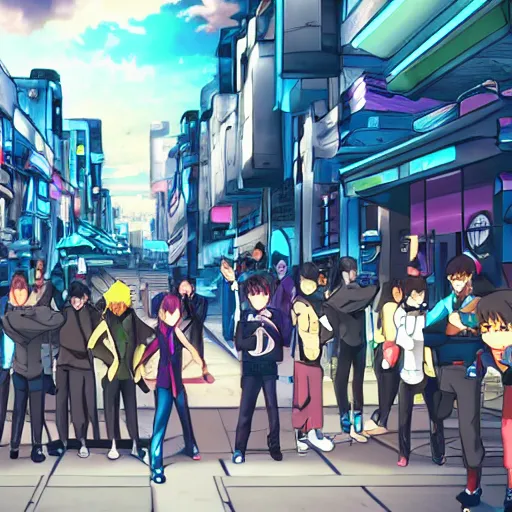 Image similar to futuristic city street with people fighting, anime style