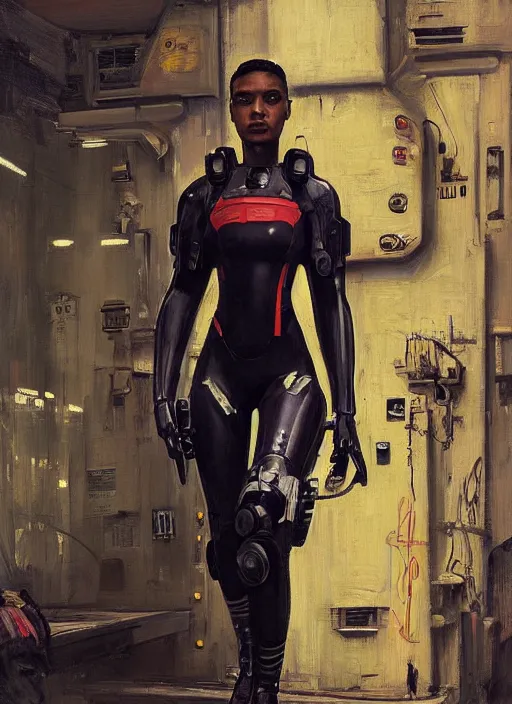 Prompt: Sgt. Sophia Igwe. Strong cyberpunk female USN Assault mech pilot with cyberpunk eyepiece and wearing a military wetsuit (cyberpunk 2077, bladerunner 2049). gorgeous face. Iranian orientalist portrait by john william waterhouse and Edwin Longsden Long and Theodore Ralli and Nasreddine Dinet, oil on canvas. Cinematic, hyper realism, realistic proportions, dramatic lighting, high detail 4k