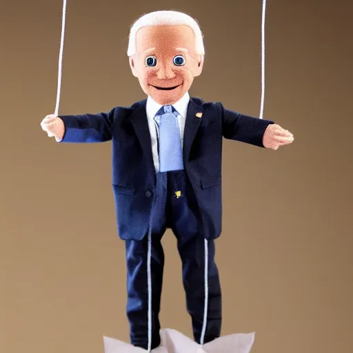 Image similar to joe biden as a doll, string puppet wires, puppet, puppet strings,