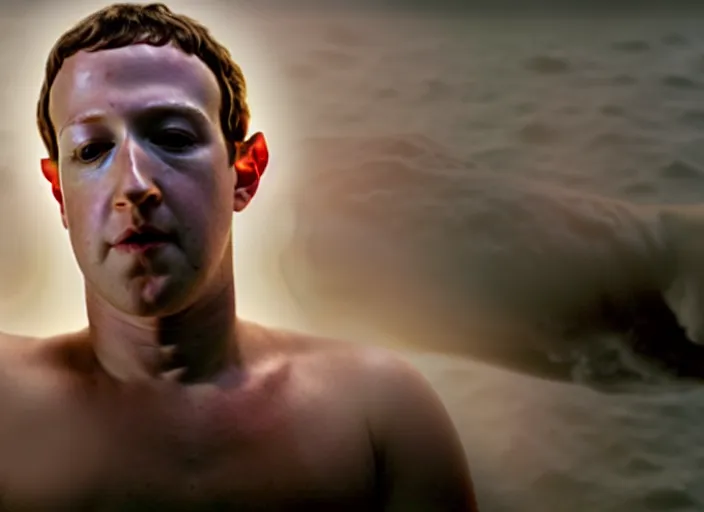 Image similar to film still of mark zuckerberg floating in a tank of milky fluid as a precog eyes closed and wires on his forehead minority report movie, 8 k