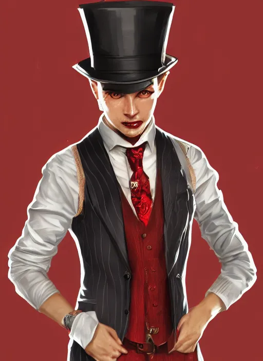 Image similar to a highly detailed illustration of stylish top hat wearing red haired attractive man, wearing suit vest, flashy card trick pose, intricate, elegant, highly detailed, centered, digital painting, artstation, concept art, smooth, sharp focus, league of legends concept art, WLOP