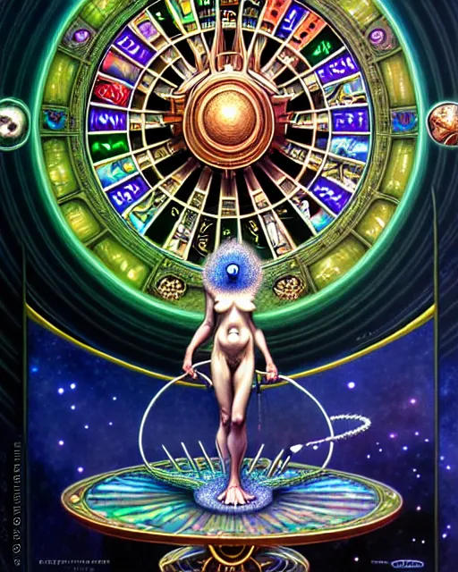 Image similar to the wheel of fortune tarot card, fantasy character portrait made of fractals, ultra realistic, wide angle, intricate details, the fifth element artifacts, highly detailed by peter mohrbacher, hajime sorayama, wayne barlowe, boris vallejo, aaron horkey, gaston bussiere, craig mullins