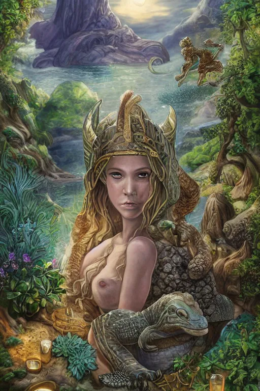 Image similar to A fantasy book style portrait painting, Great Turtle Island at the center of the Universe, accompanying hybrid, Anya_Taylor-Joy, Cory Chase, Mystical Valkyrie, Anubis-Reptilian, Atlantean Warrior, Cozy, hotspring hidden Cave, candlelight, towels, cushions, natural light, lush plants and flowers, elegant, smooth cave rock, fantasy, atmospheric lighting, digital painting, François Boucher, Oil Painting, Regal, Refined, Digital Art, RPG portrait, William-Adolphe Bouguereau, Michael Cheval, Walt Disney (1937), Steampunk, Crisp clear Volumetric Golden dappled dynamic lighting, Highly Detailed, Cinematic Lighting, HD resolution, unreal 5, DAZ, hyperreality, octane render, Unreal Engine, 8k, HD