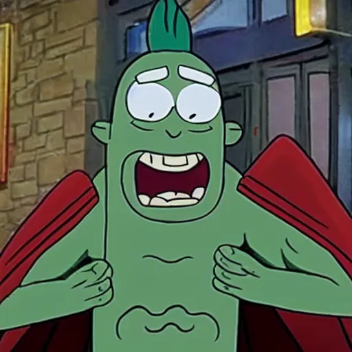 Prompt: movie still pickle rick as superman