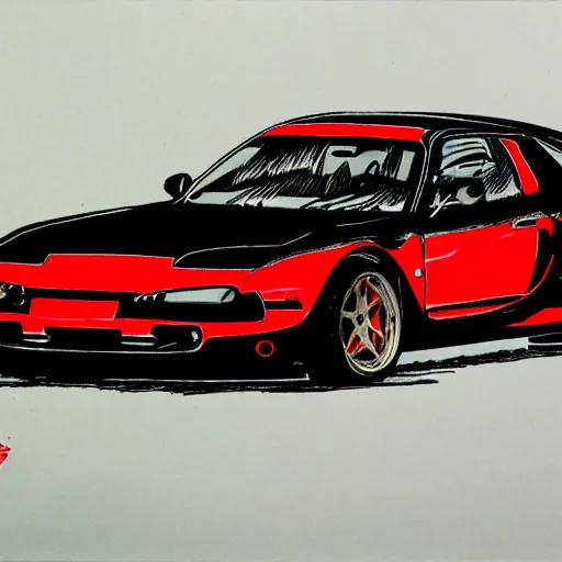 Image similar to pen ink drawing black red 1999 FD RX-7 front side view dynamic racing motion blur Shuichi Shigeno and Michiharu Kusunoki