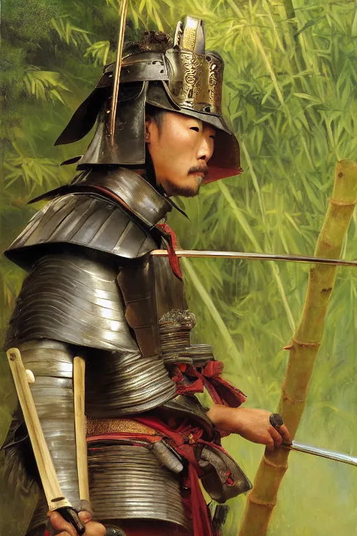 Image similar to close up of samurai warrior in full armor, in a bamboo forest, by vladimir volegov and alexander averin and delphin enjolras and daniel f. gerhartz