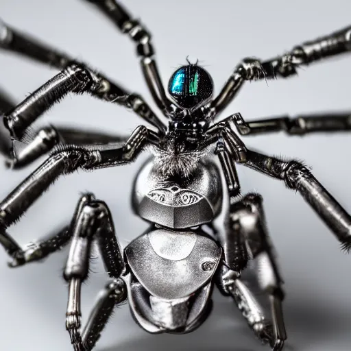 Prompt: macro photograph of a miniature mechanical spider made of silver