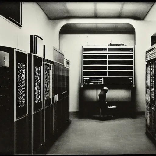 Image similar to grainy underexposed photo of Marcel Duchamp in a huge minimal machine room full of ancient computers, tri-x, Rinko Kawauchi, archival pigment print, occult dream, contemporary art