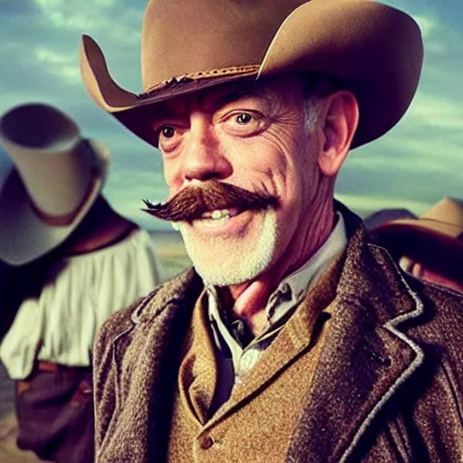 Image similar to j. k. simmons!!!!!!! as a cowboy with a moustache, western movie, movie still