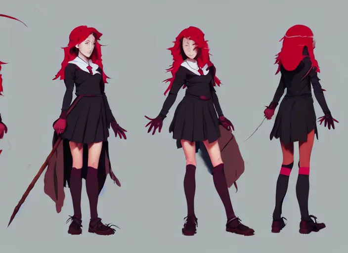 Prompt: character sheet of attractive female student witch by greg rutkowski, magic school uniform, glowing red hair color, by studio ghibli and ross tran, digital art, trending on artstation, highly detailed, concept art, beautiful, masterpiece