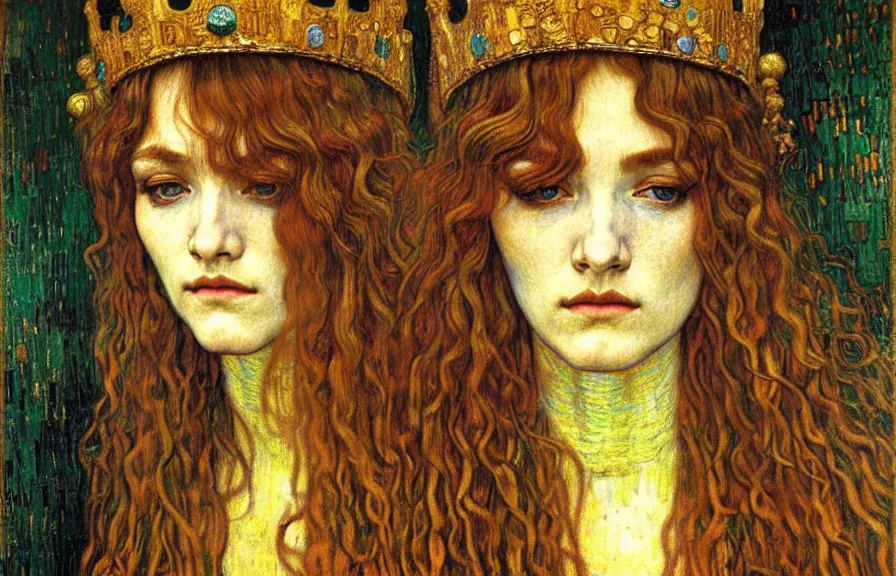 Image similar to detailed realistic beautiful young medieval queen face portrait by jean delville, gustav klimt and vincent van gogh, art nouveau, symbolist, visionary, gothic, pre - raphaelite, muted earthy colors, desaturated