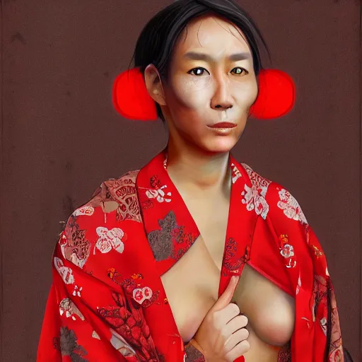 Image similar to a portrait of a human hybrid mutant brown rat in red kimono, painting, realistic, digital art