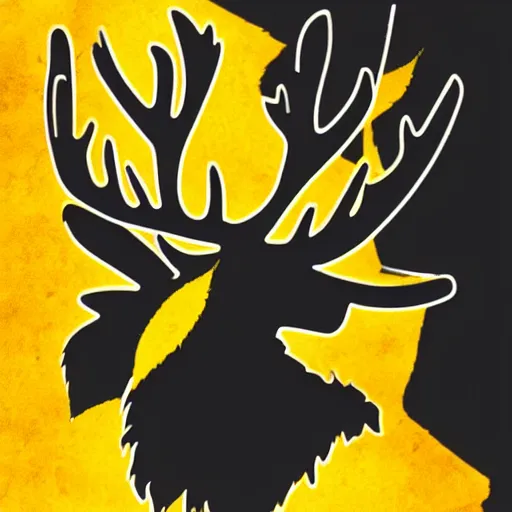 Prompt: a yellow moose with maple leaf antlers looking to the side logo, black background, logo