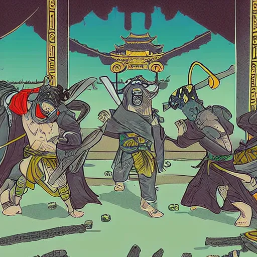 Prompt: a dward ninja heroes facing an ancient temple, illustrated by trent kaniuga