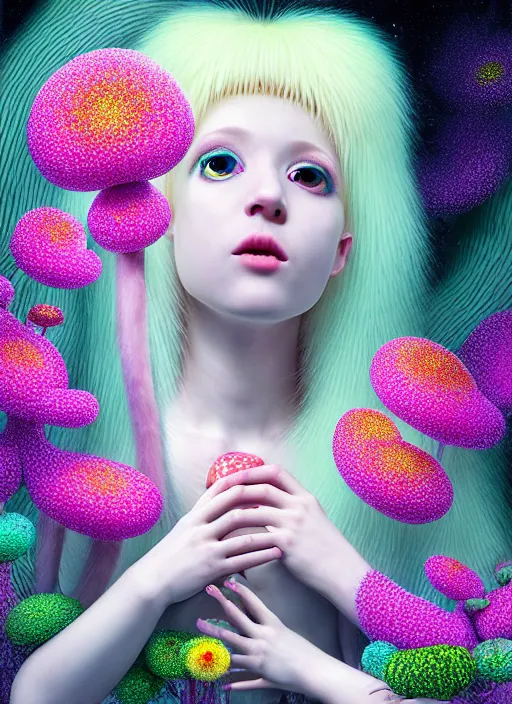 Image similar to hyper detailed 3d render like a Oil painting - kawaii portrait Aurora (white haired Singer Ferret) seen Eating of the Strangling network of yellowcake aerochrome and milky Fruit and Her delicate Hands hold of gossamer polyp blossoms bring iridescent fungal flowers whose spores black the foolish stars by Jacek Yerka, Mariusz Lewandowski, Houdini algorithmic generative render, Abstract brush strokes, Masterpiece, Edward Hopper and James Gilleard, Zdzislaw Beksinski, Mark Ryden, Wolfgang Lettl, hints of Yayoi Kasuma, octane render, 8k