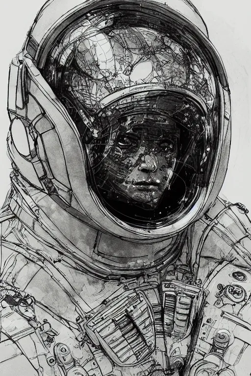 Image similar to portrait of a future cosmonaut with helmet having cybernetics and wirings, pen and ink, intricate line drawings, by craig mullins, ruan jia, kentaro miura, greg rutkowski