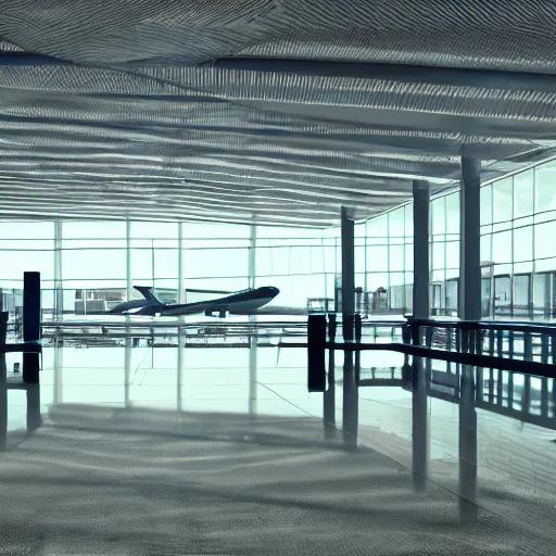 Prompt: photo of an airport interior, the floor is flooded with one meter deep water. eerie, volumetric lighting. highly - detailed 4 k