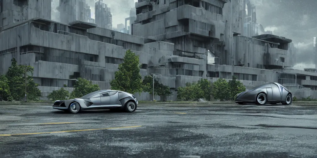 Prompt: highly detailed futuristic car, on the background brutalist architecture by Le Corbusier, abandoned buildings, empty streetscapes, surrounded by lush green vegetation, ground-level view, puddles of water, stunning volumetric lighting, sunset, trending on Artstation, 8k, photorealistic, hyper detailed, unreal engine 5, cinematic, epic lighting, cryengine, octane render, nvidia ray tracing, cyberpunk, red and orange glow, dark, gloomy