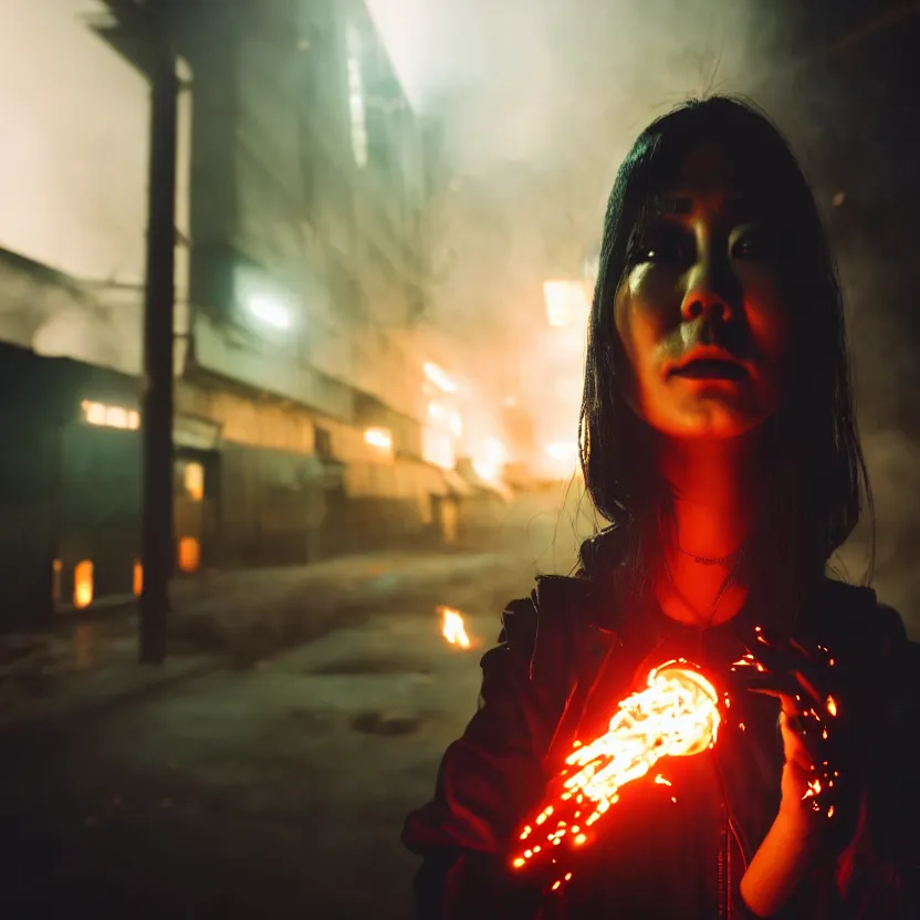 Image similar to a photo close up cyberpunk woman, fire dance in cyberpunk dirty alley, smoke mist rain, cyberpunk gunma prefecture, midnight, photorealistic, cinematic color, studio lighting, highly detailed, bokeh, style by tomino - sama
