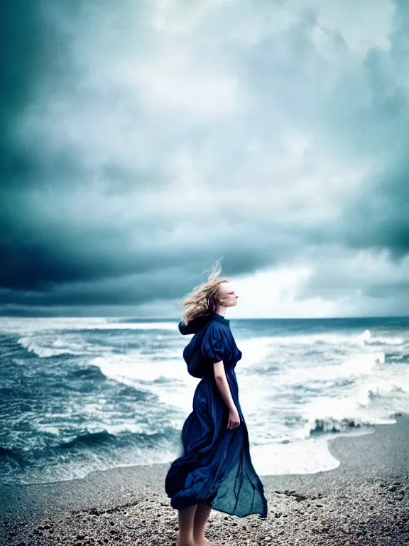 Image similar to cinestill 5 0 d photography of a woman britt marling 3 / 4 style of nicholas fols, 8 0 mm, dress in voile, hair like dark clouds floating on air, mute dramatic colours, soft blur outdoor stormy sea background, volumetric lighting, hyperdetailed, hyperrealistic