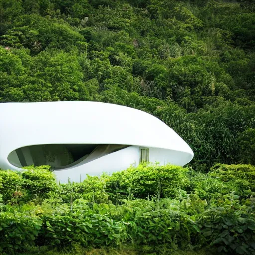 Image similar to futuristic house white covered in plants, hanging vines, motorcycle