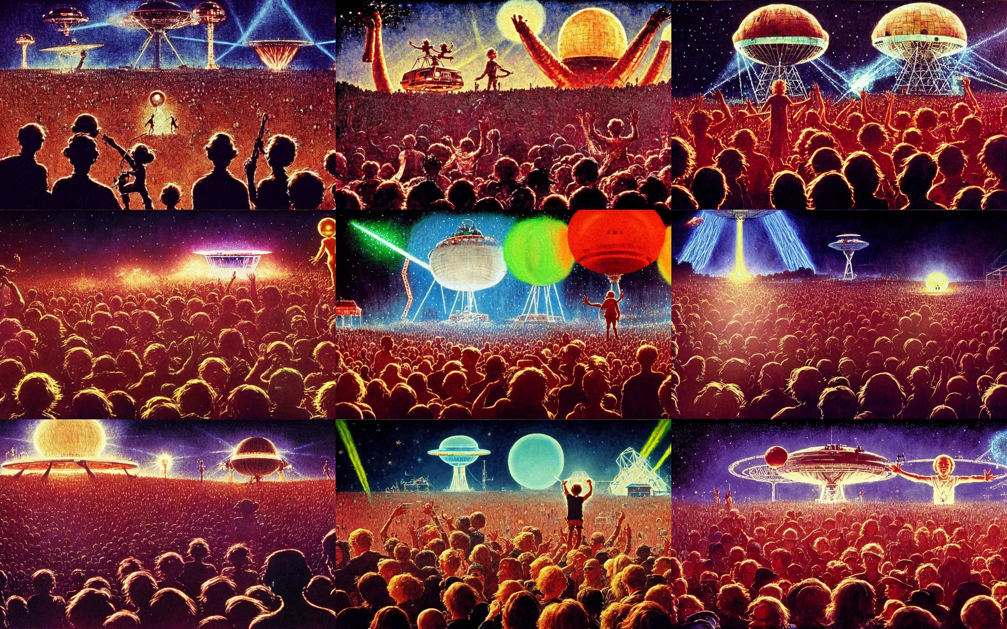 Prompt: steven spielbergs e. t. and the mothership from close encounters of the third kind are playing live music to a very large audience at a festival, painting by norman rockwell, low light, very large audience and crowdsurfing and laser show in the background, very symmetrical