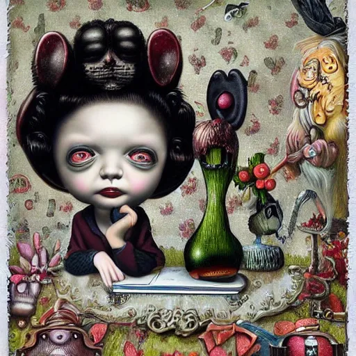 Prompt: 😄🎼🎹🎵, lowbrow surrealistic, in the style of Mark Ryden,