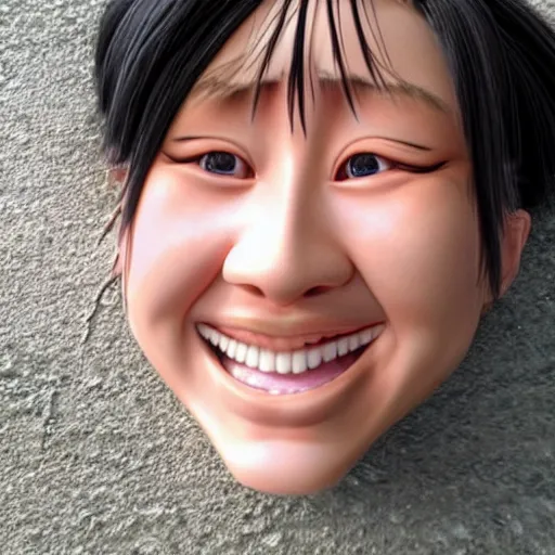 Image similar to a strange looking bust of a 1 9 years old japanese girl, smiling, found in the vent system
