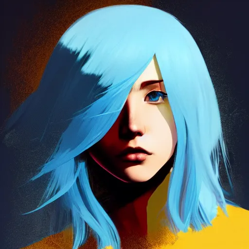 Prompt: ilya kuvshinov with long sky blue hair, gold eyes, boy face, professional digital painting, concept art, award - winning photography, cinematic, wlop, color block, pop, hip, art by andy warhol, pixiv art, yoshitaka amano