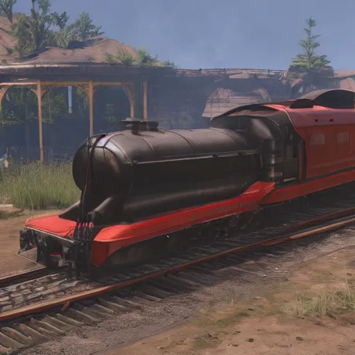 Image similar to futuristic sleek steam locomotive in red dead redemption 2