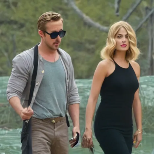 Prompt: still of ryan gosling and margot robbie, walking on eva mendes face - n 9