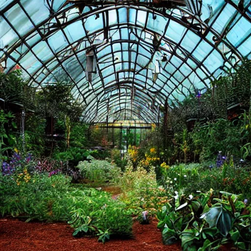 Prompt: botanical garden greenhouse serene morning light science fiction vintage art