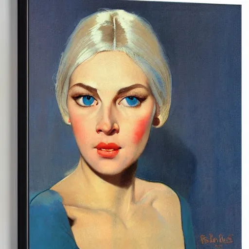 Image similar to Frontal portrait of a woman with ice blue eyes, by Robert McGinnis.