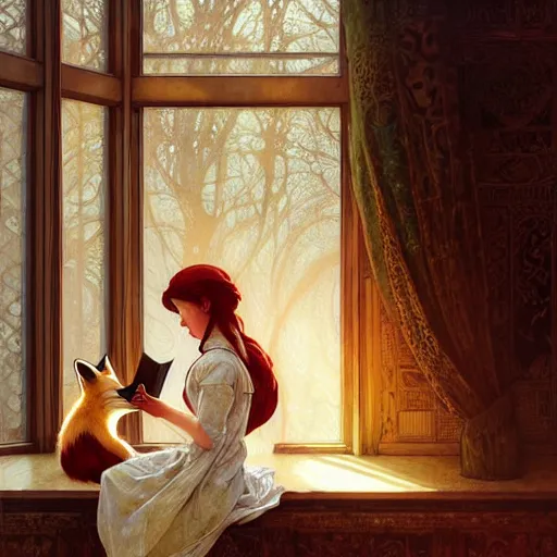 Image similar to Portrait of a girl and a fox in a cozy windowed study, reading a book while light streams in through the skylight, fantasy, intricate, elegant, highly detailed, digital painting, artstation, concept art, smooth, sharp focus, illustration, art by Krenz Cushart and Artem Demura and alphonse mucha