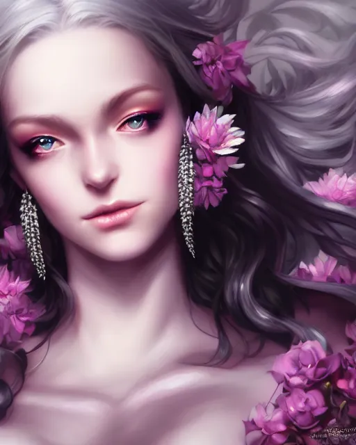 Image similar to dark angel surrounded by dark flowers and diamonds, very detailed, realistic face, detailed face, matte, tonemapping, bbwchan, perfection, 4 k, cushart krenz