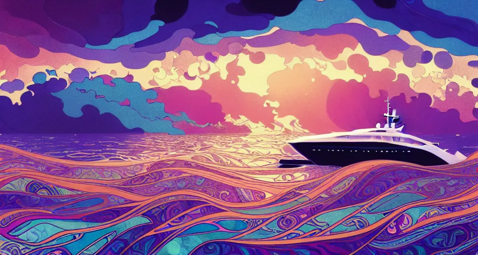 Prompt: [ palate ] [ muted colors ] crazy psychedelic ocean waves, luxury yacht crossing the ocean, paisley swirls and ripples, backlit, sunset, refracted lighting, outdoors, paisley clouds in the sky, elegant, 8 k resolution, intricate and fine details, digital painting, artstation, illustration, krenz cushart, alphonse mucha